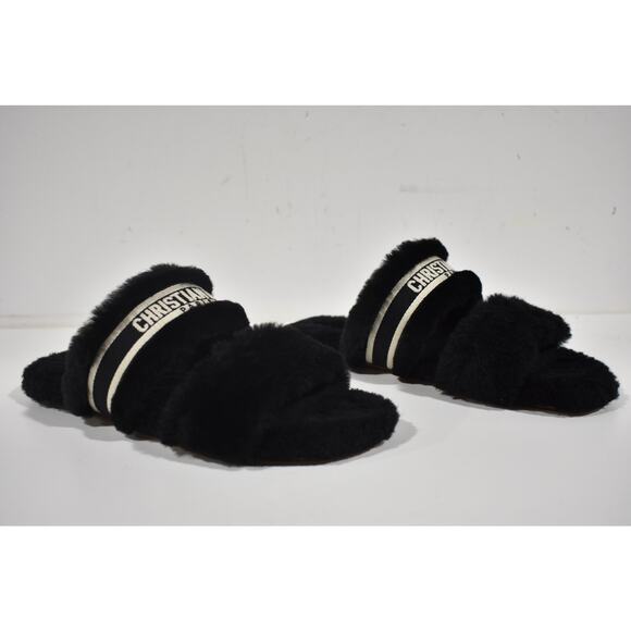 Christian Dior Chez Moi Black Shearling Fur White Logo Slide Flat Sandal 37.5 - Picture 2 of 8
